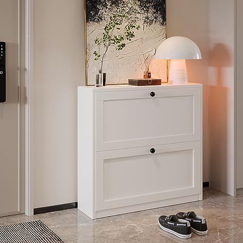VOWNER Shoe Cabinet with 2 Flip Drawers, Freestanding Shoe Storage Cabinet with Adjustable Shelf & Anti-Tipping Device, Shoe Rack for Entryway, Hallway, Living Room (White) - color: White