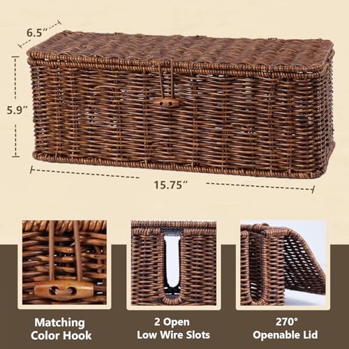 BROWNLILY Cable Management Box, Rattan Style Cord Organizer for Desk Cord Hider Outlet Covers Baby Proofing for Power Strip TV PC Router Charger Under Desk Storage with Lockable Lid and Cable Ties - color: Brown, size: L