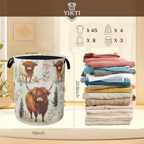 Laundry Hamper,Highland Cow Laundry Basket,Farmhouse Watercolor Flower Portable Collapsible Laundry Room Organization Storage for Dorm Room,Nursery,Bathroom,Bedroom,16x20 Inch - color: Highland Cow