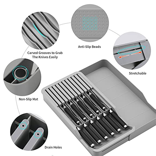 RIIPOO Expandable Knife Organizer for Drawer - Retractable and Adjustable Knife Block Holder Insert, Secure Storage Tray for Kitchen Countertop Organization