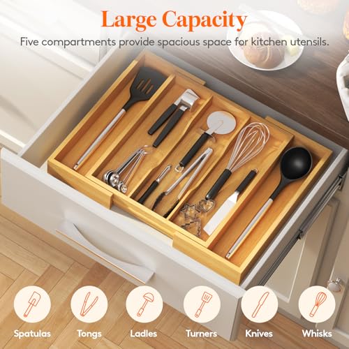 Lifewit Utensil Organizer for Kitchen Drawer, Expandable Cooking Utensil Tray, Cutlery Silverware Flatware Holder, Wood Adjustable Spatula Tools Storage Divider, 13-22x15/ 33-56x38cm, Natural - color: Natural, size: 12.6~22.4''W x 15'' D