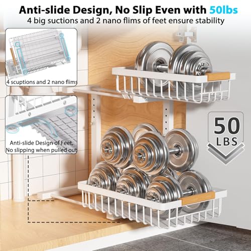 Liuoud Under Sink Organizer 2 Pack, 2 Tier Slide Out Large Capacity Height Adjustable Under Sink Organizers and Storage for Kitchen Bathroom Cabinet, White - color: White