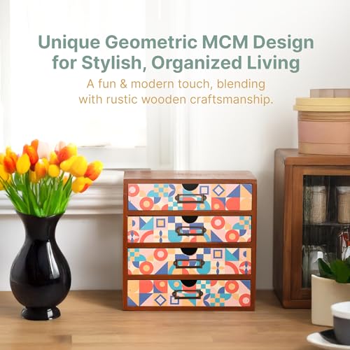 Add Color To Your Desk - MCM Geometric Wooden Desk Organizer - Desktop Storage with 4-Drawer - Wood Cabinet for Office Supplies, Craft Tools, & Home, Countertop, Tabletop Organization - color: MCM Bright Pastel