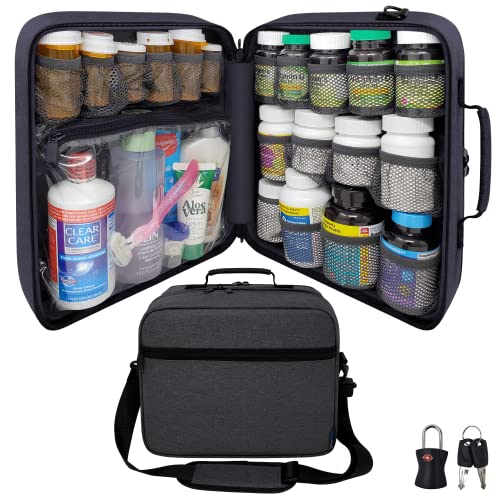 Extra-Large Pill Bottle Organizer, Medicine Bag, Carrier for Medications, Vitamins, and Medical Supplies - Modular Travel Medicine Organizer and Home Storage Med Bag - Dark Gray (with Lock) - style: XL - 1 Compartment - Std Config