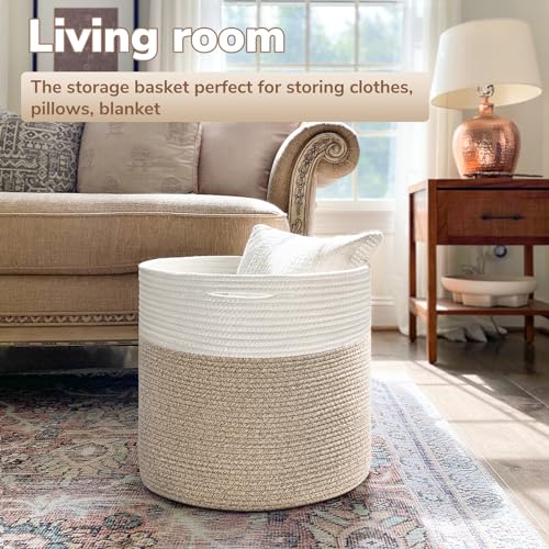 Goodpick Woven Rope Basket 15.8 x 13.8 inches, Toy Storage for Organizing, Blanket Basket Living Room, Toy Bin for Playroom, Light Brown - color: Light Brown, size: 15.8x15.8x13.8 Inch (Pack of 1)