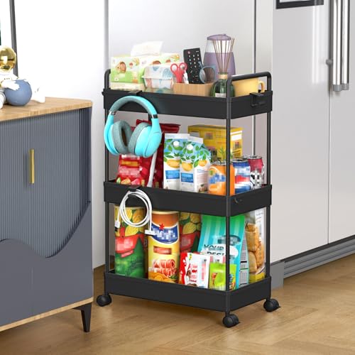 SOLEJAZZ 3 Tier Rolling Storage Cart with Wheels Slim Craft Nail Makeup Snack Art Baby Utility Cart Organizer on 2 Lockable Wheels for Bathroom Laundry Room Kitchen Bedside Narrow Spaces, Black - color: Black, size: 3-Tier, 8.66"D