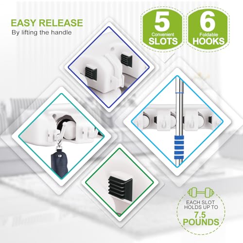 LETMY Broom Holder Wall Mount - Mop and Broom Hanger Holder - Garage Storage Rack & Garden Tool Organizer - 5 Position 6 Hooks Broom Rack for Home, kitchen, Garden, Tools, Garage Organization - White - color: White