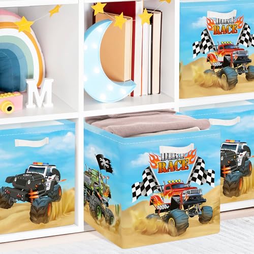 Clastyle Cars Kid Storage Cube Organizer Set Closet Clothes Cube Storage Bin Nursery Toddler Toy Box Chest Girl Boy Book Shelf Basket,Monster Truck,11.8x11.8x11.8 in - color: Monster Truck, size: 11.8x11.8x11.8 in