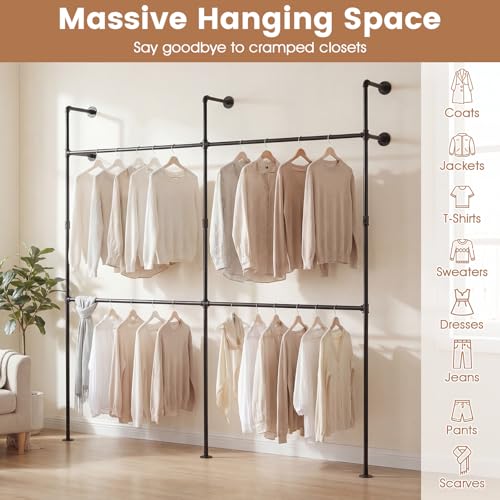 Giantex Industrial Pipe Clothing Rack, 79" Wall Mounted Heavy-Duty Metal Garment Organizer with 4 Hanging Rods, 2-Tier Walk-in Closet System for Wardrobe Closet, Retail Display - size: 79 Inches