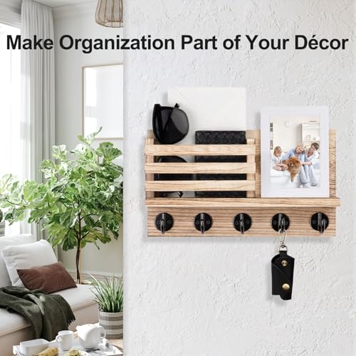 Lwenki Key Holder for Wall – Decorative Wooden Mail Holder and Key Shelf with Mounting Hardware, Installation Guide – Paulownia Wood with Metal Key Hooks (Wood, Large - 11.8inch) - color: Wood, size: Large - 11.8inch