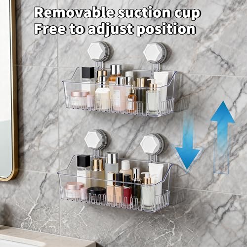 No Drill Bathroom Suction Storage Box, Strong Load-Bearing Shower Caddy Suction Cup Storage Rack with Drain Holes, Removable Hanging Wall Mount Shower Caddy Organizer for Bathroom, Kitchen