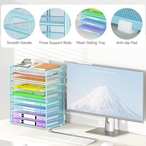 Cawukege 9 Tier Paper Organizer with Handle, Large Capacity Desk Organizer Mesh File Folder Letter Paper Tray Desktop Document Sorter for Classroom, School, and Office Accessories Organization- Blue - color: 1 Pack - Blue