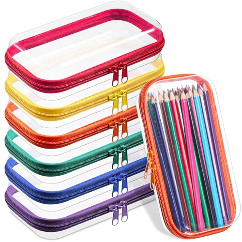 Sanwuta 6 Pcs Clear Hard Zipper Case Plastic Zipper Pouches Transparent Makeup Bag Pencil Case Pouches Toiletry Diaper Bag for Travel Toy Storage Organizer Bins - color: Assorted Color, size: 7.48 x 3.94 x 2 Inch