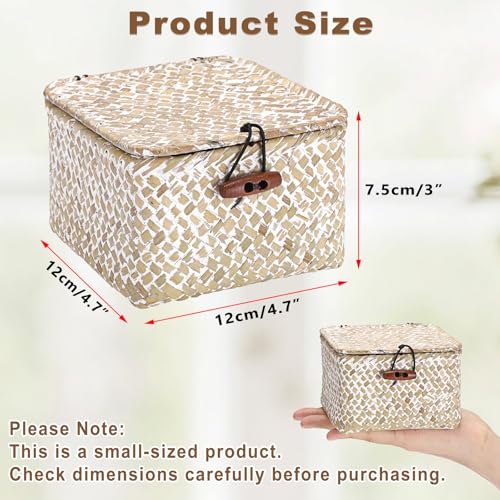 Hipiwe Handwoven Seagrass Basket Decorative Shelf Basket with Lid Mini Wicker Storage Box for Key Hair Ties, Whitewash 4.7" x 4.7" x 3" - color: Whitewash color, size: 4.7" x 4.7" x 3"