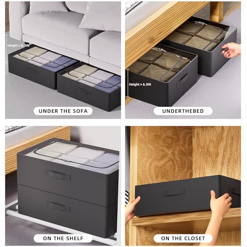 CYhom 3Pcs Under Bed Storage Bins with Metal Frame - Shoe Organizer for Closet with Clear Cover Oxford Fabric Sturdy Underbed Container Foldable Stackable Clothes Organizer (Black, 23.5x11.8x6.3) - color: Black, size: 23.5x11.8x6.3