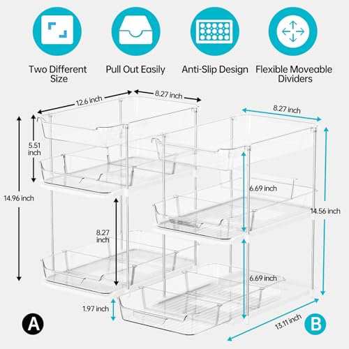 Delamu 2 Sets of 3-Tier Bathroom Under Sink Organizers and Storage, Multi-Purpose Stackable Pantry Organization and Storage, Pull Out Clear Kitchen Bathroom Cabinet Organizer with Movable Dividers | Storage, Multi-Purpose, Stackable, Pantry Organization,