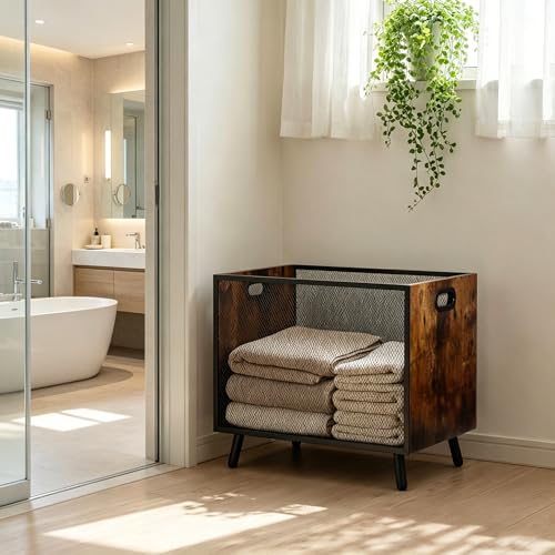 Blanket Storage, Laundry Hamper Laundry Basket With Rustic Industrial Design, Blanket Basket For Living Room, Wood And Metal Mesh Construction