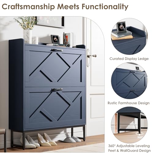 Nicetree Shoe Storage Cabinet, Shoe Cabinet with 2 Flip Drawers, Narrow Shoe Rack Cabinet, Farmhouse Slim Shoe Cabinet Storage for Entryway,Blue - color: Navy Blue, style: 2-Drawers