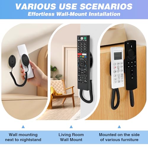 Magnetic Remote Control Holder and Remote Holder with Retractable Leash, Wall Mount for TV Remote, Couch and Bedside, No Drill Adhesive Pad, 2 Pack Black