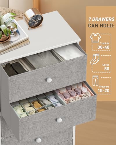 Mifuro Tall Fabric Dresser for Bedroom, Vertical Storage Organizer Tower with 7 Drawers, Chest of Drawers with Bins, Steel Frame, Wood Top for Bedroom, Closet, Entryway Light Grey - color: Light Grey, size: 7 Large Drawers