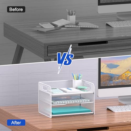 Samstar 3 Tier White Letter Tray Paper Organizer with Handle, Mesh Desk Organizer Paper Sorter File Rack Shelves, White - color: White 3 Tier Pack of 1