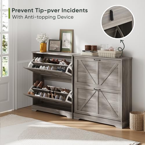 Smart FENDEE Shoe Storage Cabinet with 2 Flip Drawers, Farmhouse Narrow Shoe Cabinet Storage for Entryway, Slim Shoe Rack Cabinet with Wooden Feet, Gery - color: Grey, size: Width - 31.5 inches