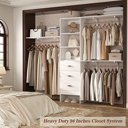 Armocity 96 Inches Closet System, 8FT Walk In Closet Organizer with 3 Shelving Towers, Heavy Duty Clothes Rack with 3 Drawers, Built-In Garment Rack, 96" L x 16" W x 75" H, Max Load 1000 LBS, White - color: White