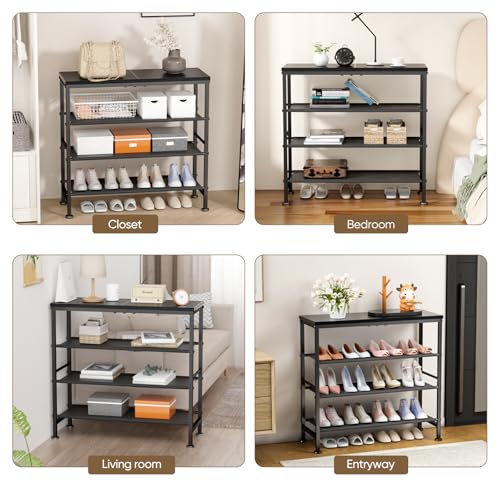 Mavivegue Shoe Rack Organizer, 4-Tier Metal Shoe Storage with Non-Woven Fabrics Shelves and Wooden Top Board, Shoe Rack for Entryway Bedroom Living Room Garage, Black - size: 4 Tier