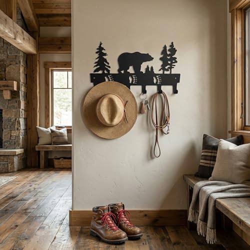 Coat Rack Wall Mount with 6 Hooks, Metal Bear Coat Hanger for Hanging Hat, Clothes, Robe, Keys, Backpack, Towels, Jacket, Purse - Closet, Door, Entryway, Bathroom, Bedroom (Black)
