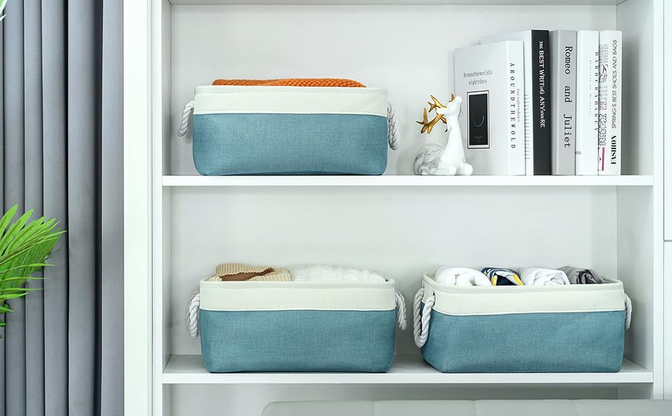 TheWarmHome Fabric Storage Bins Baskets for Organizing,Sturdy Storage Basket W/Handles, Decorative Foldable Storage Baskets for Shelves Closet Nursery Toy (White&Teal, Medium - 3 Pack) - color: White And Green, size: 3PCS/Medium -13.8Lx9.8Wx6.7H