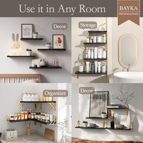 BAYKA Floating Shelves for Bedroom Decor, Wall Shelves for Storage, Wall Mounted Rustic Wood Floating Shelf for Books,Corner Shelf for Bathroom,Kitchen,Living Room(Black and Gold，Set of 4) - color: G. Black Board & Gold Brackets, size: 16-inch Mixed