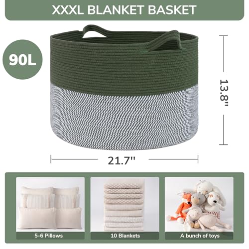 INDRSSME Large Laundry Storage Basket, 21.7 x13. 8 - Decorative Rope Blanket Basket for Organizing Bedroom, Living Room, Nursery, Toy Storage for Colthes Towel, Empty Gift Baskets -Green - color: Green & White, size: 21.7"D x 13.8"H