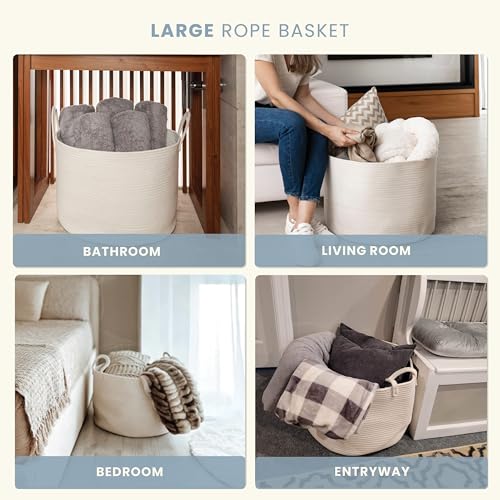 OrganiHaus Large Woven Storage Basket for Blankets and Toys 20" x 13" Inch, Rope Laundry Basket with Handles, Cushions & Pillows Storage Bin, Nursery Hamper, Soft Round Dog Toy Bin - Off-White - color: Full Off-White, size: Wide