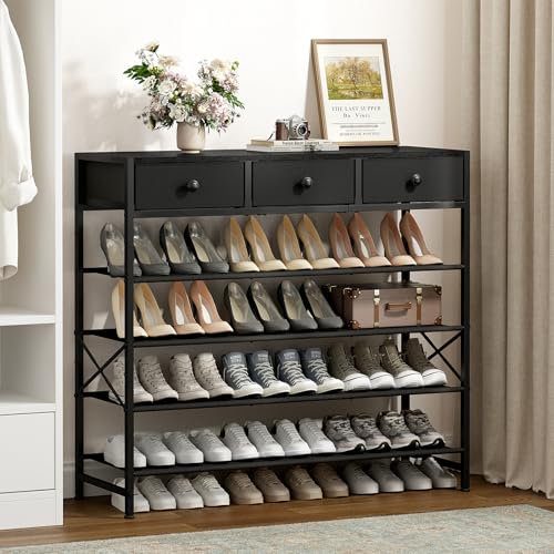 Shoe Rack, 5 Tier Shoe Organizer with 3 Drawers, Metal Shoe Storage for 24-30 Pairs of Shoes with Fabric Shelves and Wooden Top, Narrow Shoe Shelf for Closet Entryway Black - color: Black, size: 5 Tier(41.3 × 10.8 × 37.8)