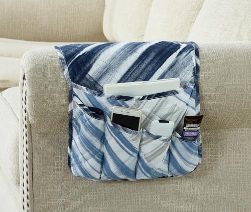 Brilliant Sunshine Blue Grey Stripes Patchwork Couch Armrest 5 Pockets Organizer, Slip Resistant Recliner Armchair Caddy, Washable Remote Controls Holder, Storage for Magazine, Tablet, iPad, Blue Grey - color: Blue Grey