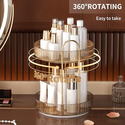 YCIA&DONE 360 Rotating Makeup Organizer and Storage for Vanity Countertop 2 Tiers, High Capacity Cosmetic Skincare Perfume Organizers for Dresser Bathroom Lazy Susan (Amber Gold) - color: Amber Gold, size: 9" (2 Tiers)