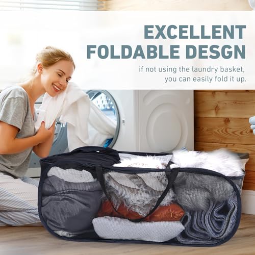 2 Pieces Up Laundry Hamper, 3 Compartment Collapsible Mesh up Laundry Basket, Collapsible Mesh Laundry Baskets for Family College Dorm Hoom Dirt Clothes Bin with Handle - color: Black+White 1