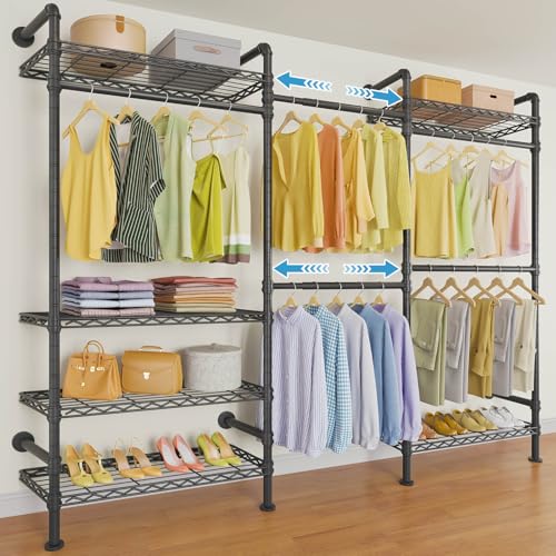 Timate F3 Garment Rack Heavy Duty Clothes Rack for Hanging Clothes, Expandable Industrial Pipe Wall Mounted Clothing Racks, Adjustable Storage Wardrobe Closet Kit Walk in Closet Systems, Black - color: Black, size: F3