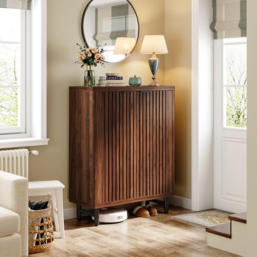 Tribesigns 6-Tier Shoe Cabinet with Shutter Doors, Large Wooden Shoe Organizer Rack with Adjustable Shelves, Modern Farmhouse Hidden Storage Furniture for Entryway, Hallway (Walnut) - color: Walnut