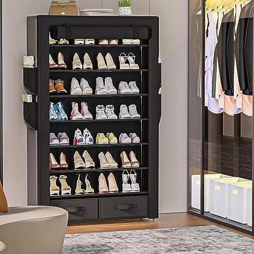 OYREL Tall Shoe Rack Dustproof Cabinet Large Capacity 8 Tier Shoe Organizer,32-40 Pairs of Shoes - size: 8Tier with 2bins Black
