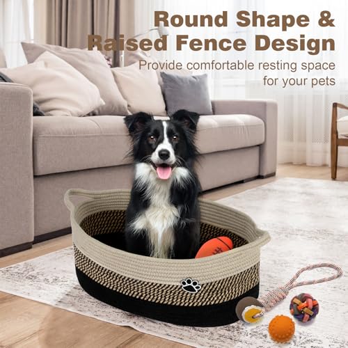 Optish Dog Toy Basket, Toy Box and Bin for Dog Cat Storage, 19.7" X 11" X 7.9" (30L) Large Woven Rope Basket for Blanket Storage, Living Room, Bedroom, Black & Brown - color: Black-Brown, size: 19.7"L x 11"W x 7.9"H (30L)