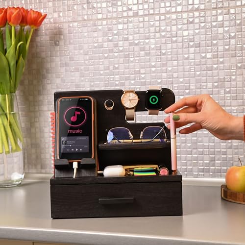 TESLYAR Wood Phone Docking Station with Drawer - Nightstand Organizer - Desk Organizer for Husband - Birthday Gifts for Men, Dad, Anniversary Idea, Key Holder Stand Watch & Accessories (Granite Black) - color: Granite Black