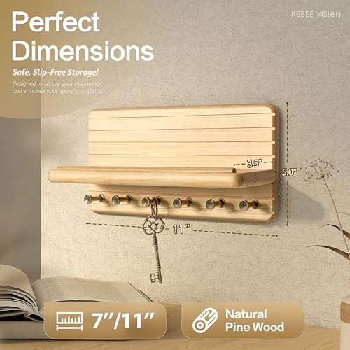 Rebee Vision Decorative Key Holder Wall Mount – Farmhouse 11-Inch Pine Wooden Key Holder for Wall with 6 Hooks & Floating Shelf - Chic and Functional Home Decor Solution (Natural Wood) - color: Natural Wood, size: Medium-11inch