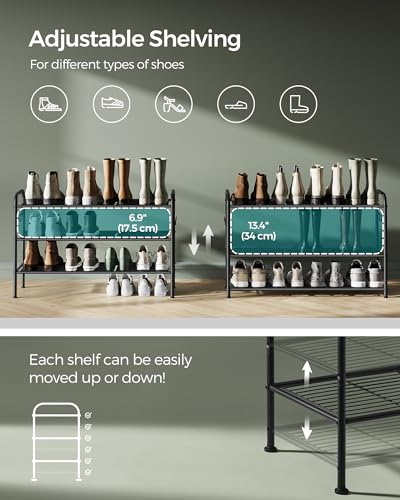 SONGMICS Shoe Rack, 3-Tier Shoe Organizer, Metal Shoe Shelf Storage with 4 Side Hooks, Holds 16 Pairs of Shoes, Height-Adjustable Shoe Rack for Entryway, Hallway, Closet, Ink Black ULMR138B01 - color: Ink Black, size: 3 Tiers (33.5"W)