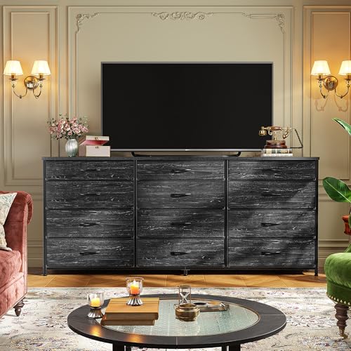 Romorgniz 55" Long Dresser for Bedroom with 12 Fabric Drawers, Entertainment Center for 60 inch TV Dressers & Chests of Drawers Large Organizer, Living Room, Metal Frame, Wood Top, Black - color: Black