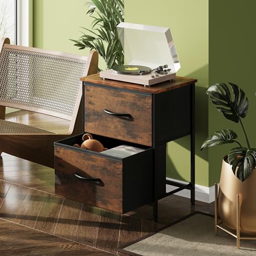 WLIVE Night Stand, Small Dresser with 2 Drawers & Wooden Top, Nightstand with Fabric Bins, Bedside Table End Table for Bedroom, Closet, Entryway, College Dorm, Rustic Brown - color: A-rustic Brown, size: 11.8"D x 15.7"W x 20.9"H