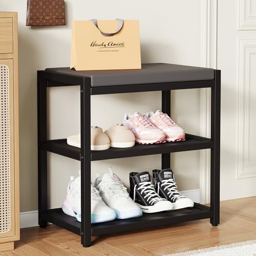 ZHOOGE Small Shoe Bench Shoe Rack Storage Bench Entryway Bench Shoe Shelf with Seat Cushion, Stable Shoe Organizer for Entryway, Living Room, Bench Seat Holds Up to 300 lb, (17"x 10"x 16", L x W x H) - color: Black, size: 18"L x 12"W x 17"H