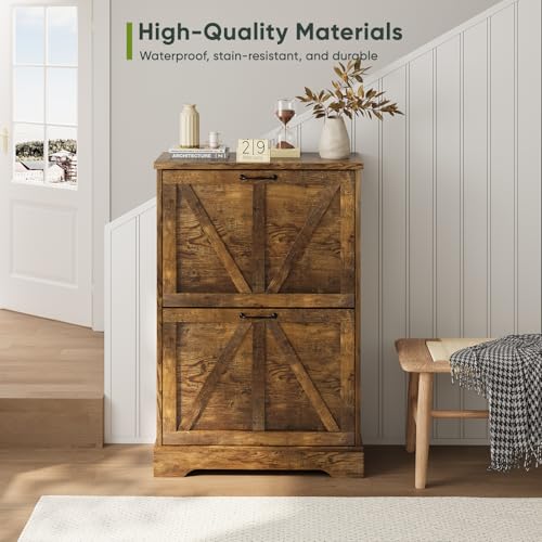 Smart FENDEE Shoe Cabinet, Shoe Storage Cabinet for Entryway with 2 Flip Drawers, Narrow Farmhouse Shoe Organizer Cabinet, Slim Shoe Rack Cabinet, 23.6in Rustic Brown - color: Rustic Brown, size: Width - 23.6 inches