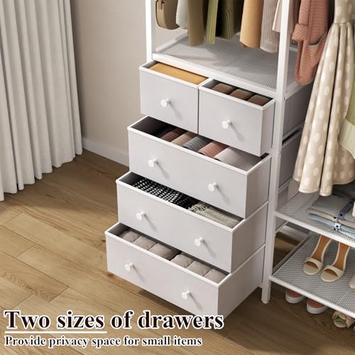 Auromie Clothes Rack with 5 Drawers & 4 Storage Shelves, 59.1W*70.9H Heavy Duty Clothing Rack with 2 Hanging Rods, Wardrobe Closet Organizer System with 5 Hooks, Freestanding Garment Rack (White) - color: White