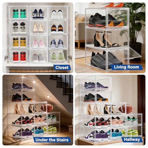 12 Pack Drop Front Shoe Boxes Acrylic Box Sneaker Case Size 12, Transparent Display Cases for Sneaker Collections, Baseball Caps, Hat Organizer Dust-free Shoe Cubbies Stackable Sneaker Boxes - size: Size 12 - 12 Pack